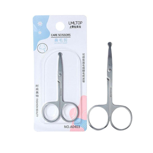 Stainless steel nose hair scissors with rounded tips, caret styling tool
