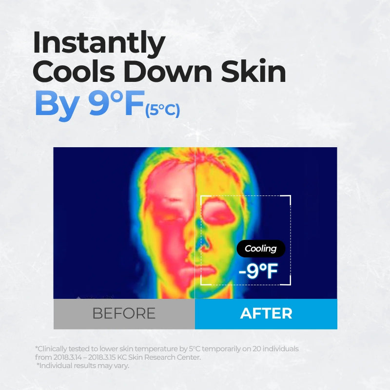 Sheet mask cooling temperature chart showing instantly cools down skin by 9°F