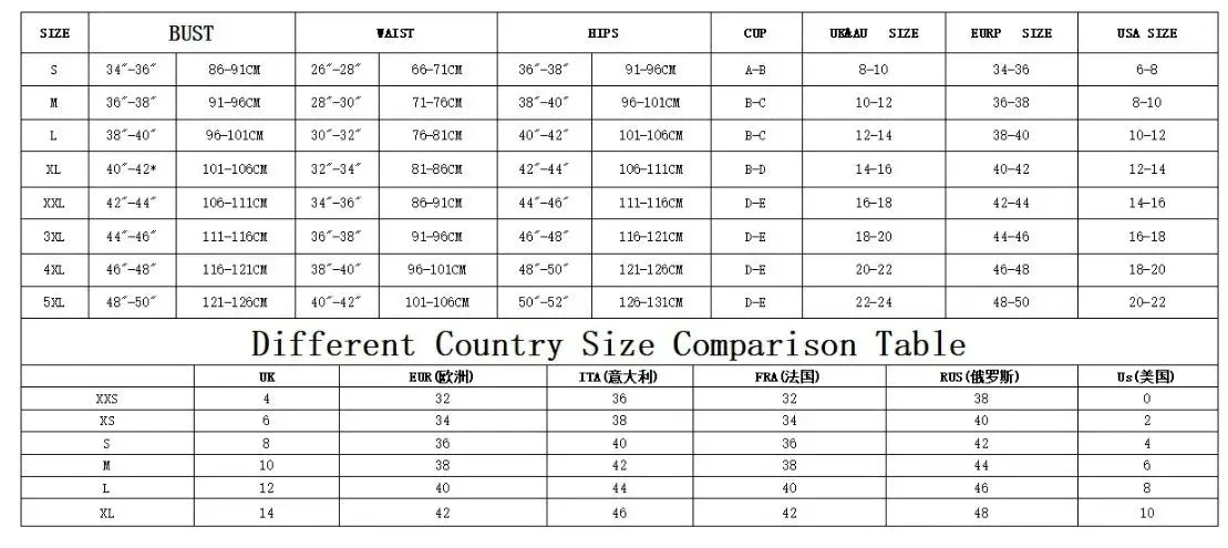 Swimwear size comparison chart showing bust, waist, hip and garment size ranges