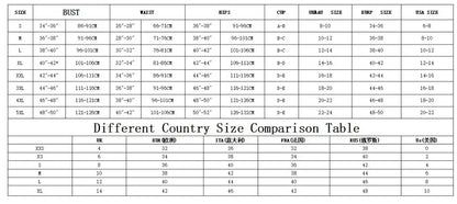 Swimwear size comparison chart showing bust, waist, hip and garment size ranges