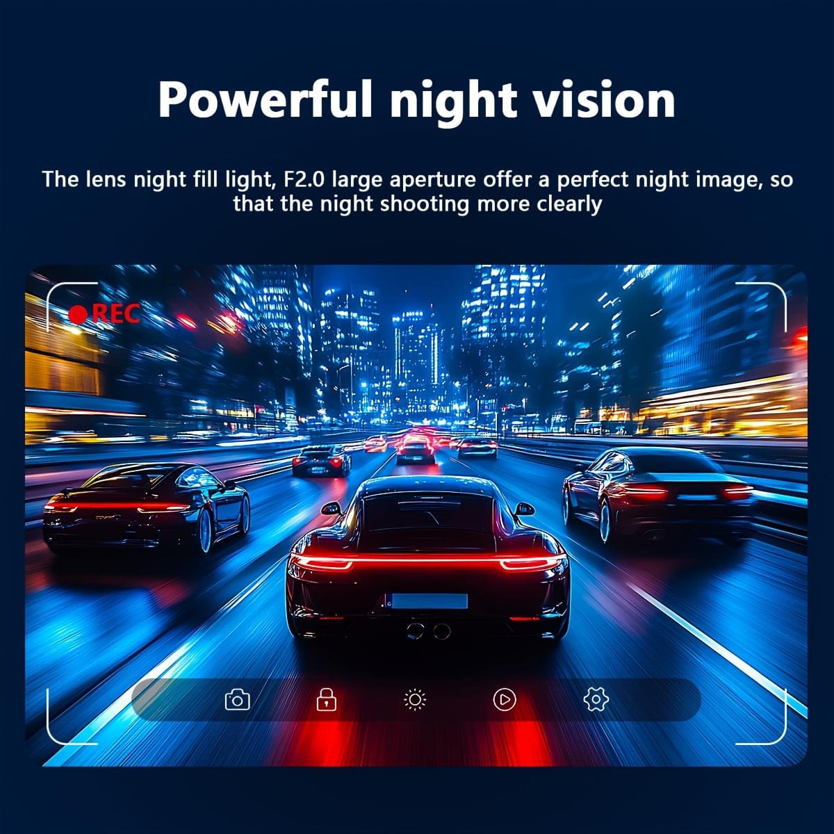 Dash cam with screen showing nighttime city traffic