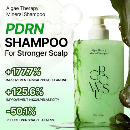 Algae mineral shampoo bottle with white pump, light green bottle and logo.