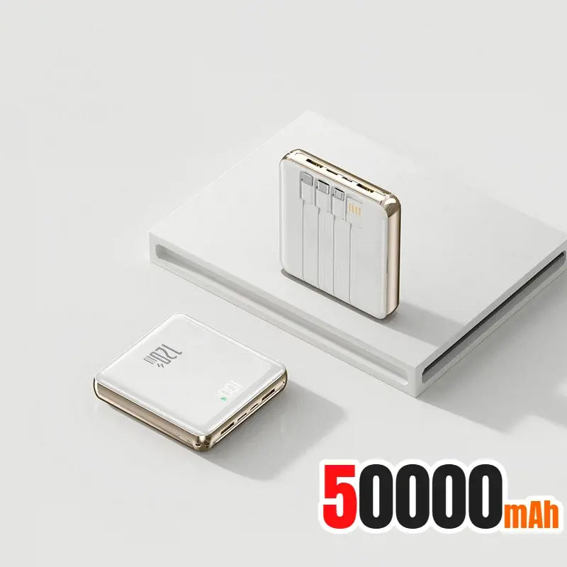 White mini power bank with 4 built-in cables, 50000mAh, slim metal case