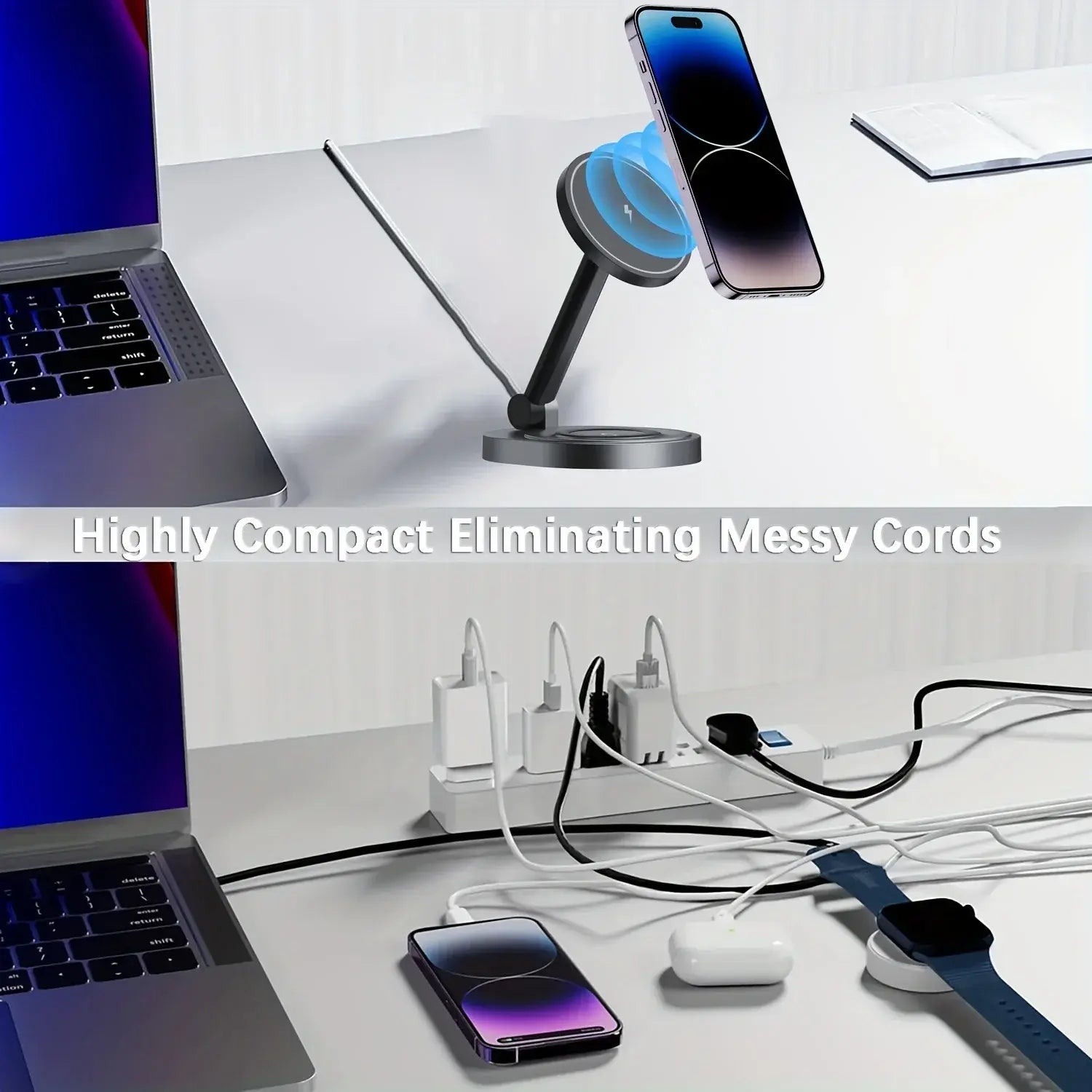 2-in-1 magnetic wireless charger stand holding a phone and watch pad, black