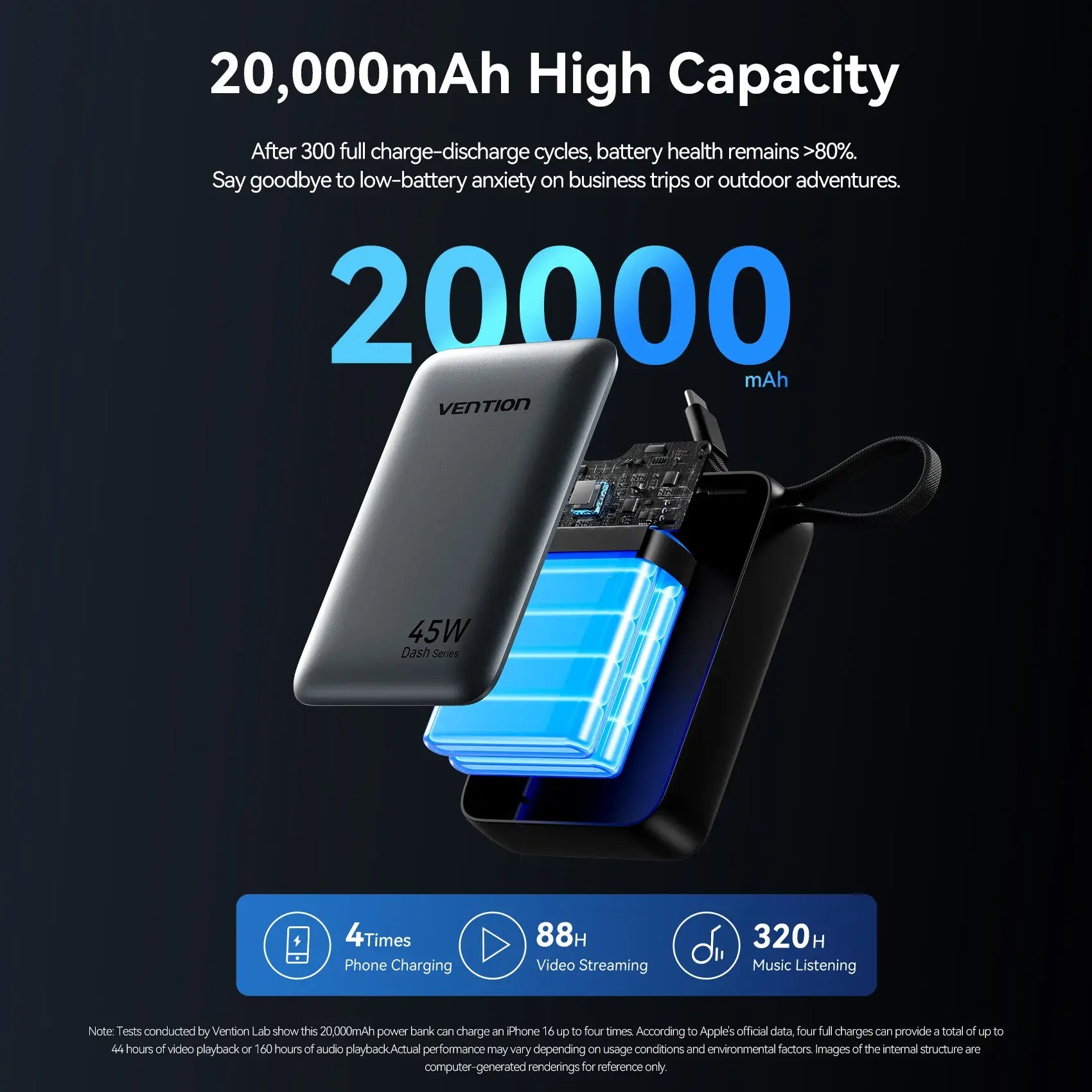Gray 45W power bank with built-in cable and lanyard strap, compact battery charger.