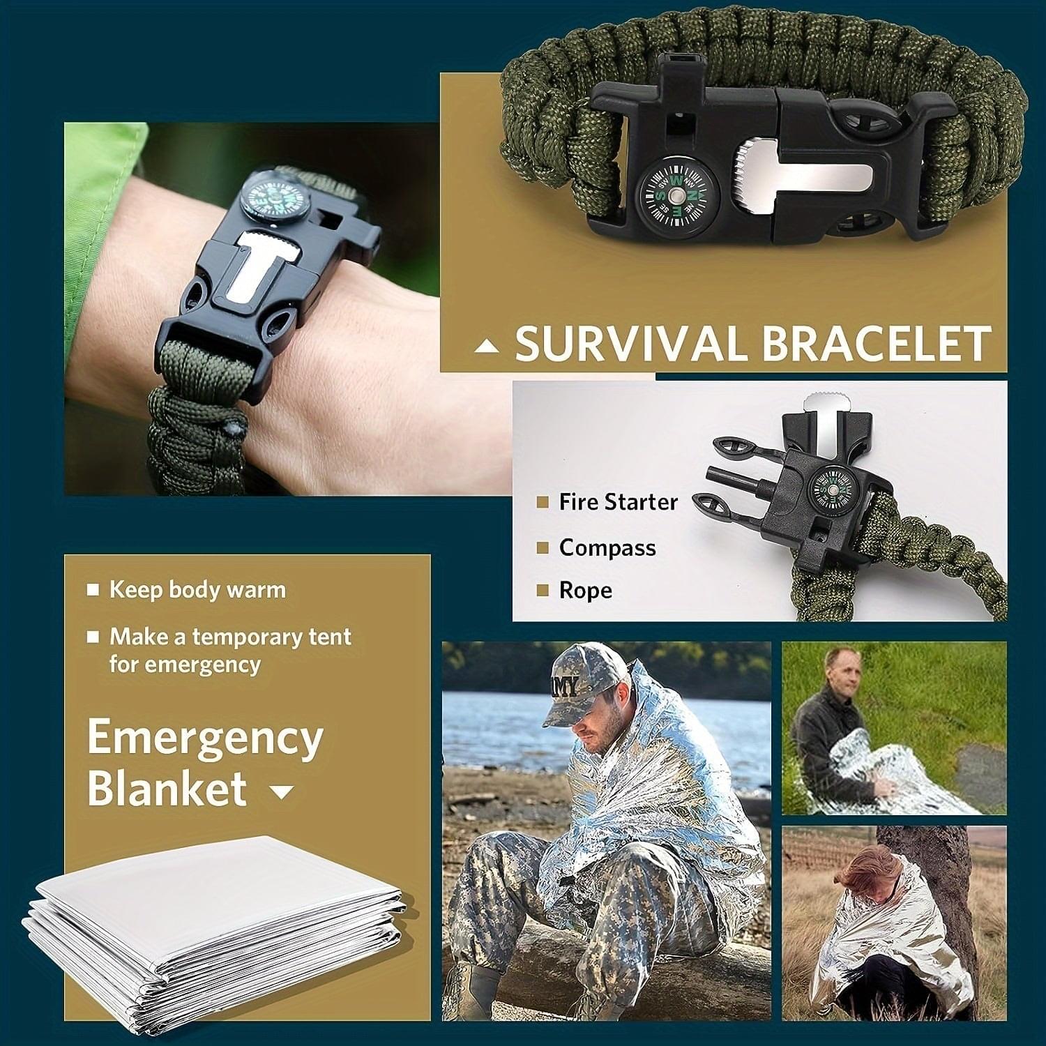 Green survival bracelet with compass dial and fire starter, plus folded emergency blanket