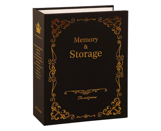 Black photo album with gold ornate frame, 'Memory & Storage' on front cover