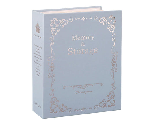 Blue memory photo storage album with ornate filigree border and 'Memory & Storage' text