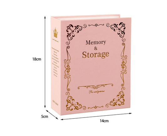 Pink memory photo storage album with gold filigree corners and 'Memory & Storage' title