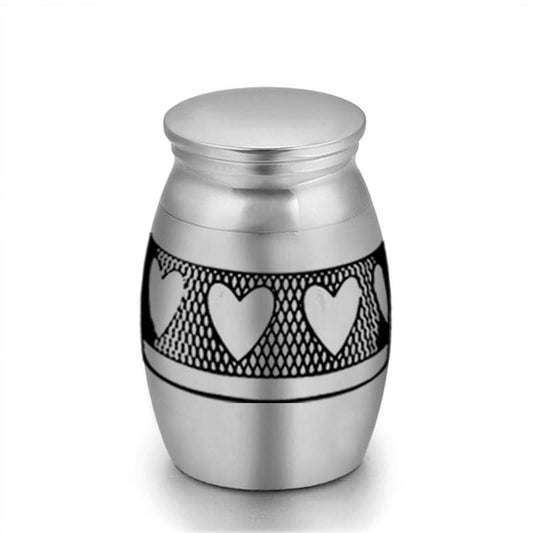 Mini steel keepsake urn with heart pattern band and screw-top lid