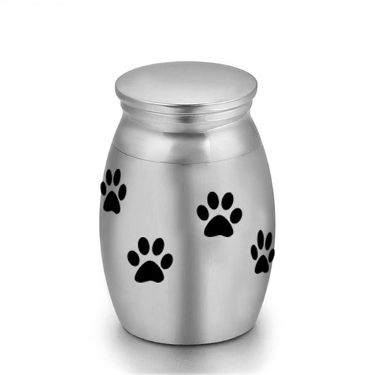 Steel mini memorial urn with paw print decals and round lid, silver