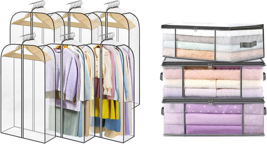 Clear hanging garment storage bags with wire frame and cloth cover, set of 6