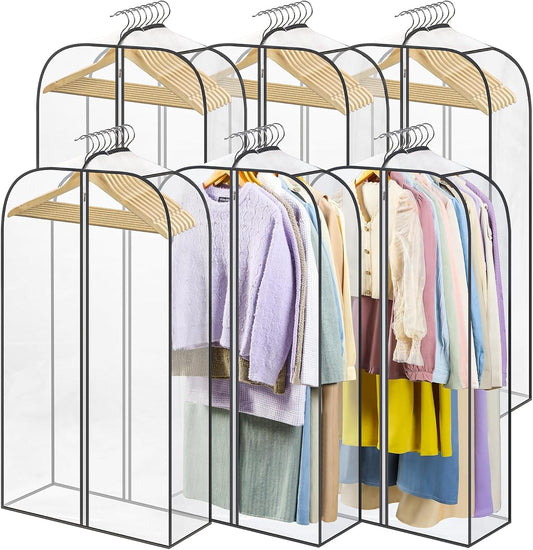 Clear zipper hanging garment bags set with metal hangers, filled with shirts and sweaters