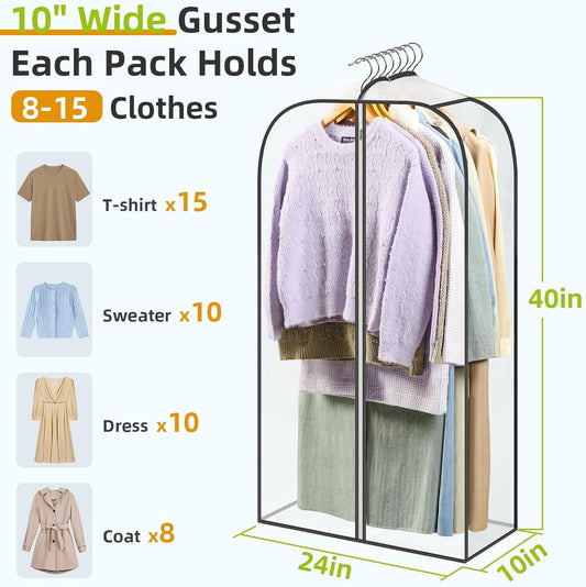 Clear hanging garment bags holding sweaters, dresses, and shirts on hangers