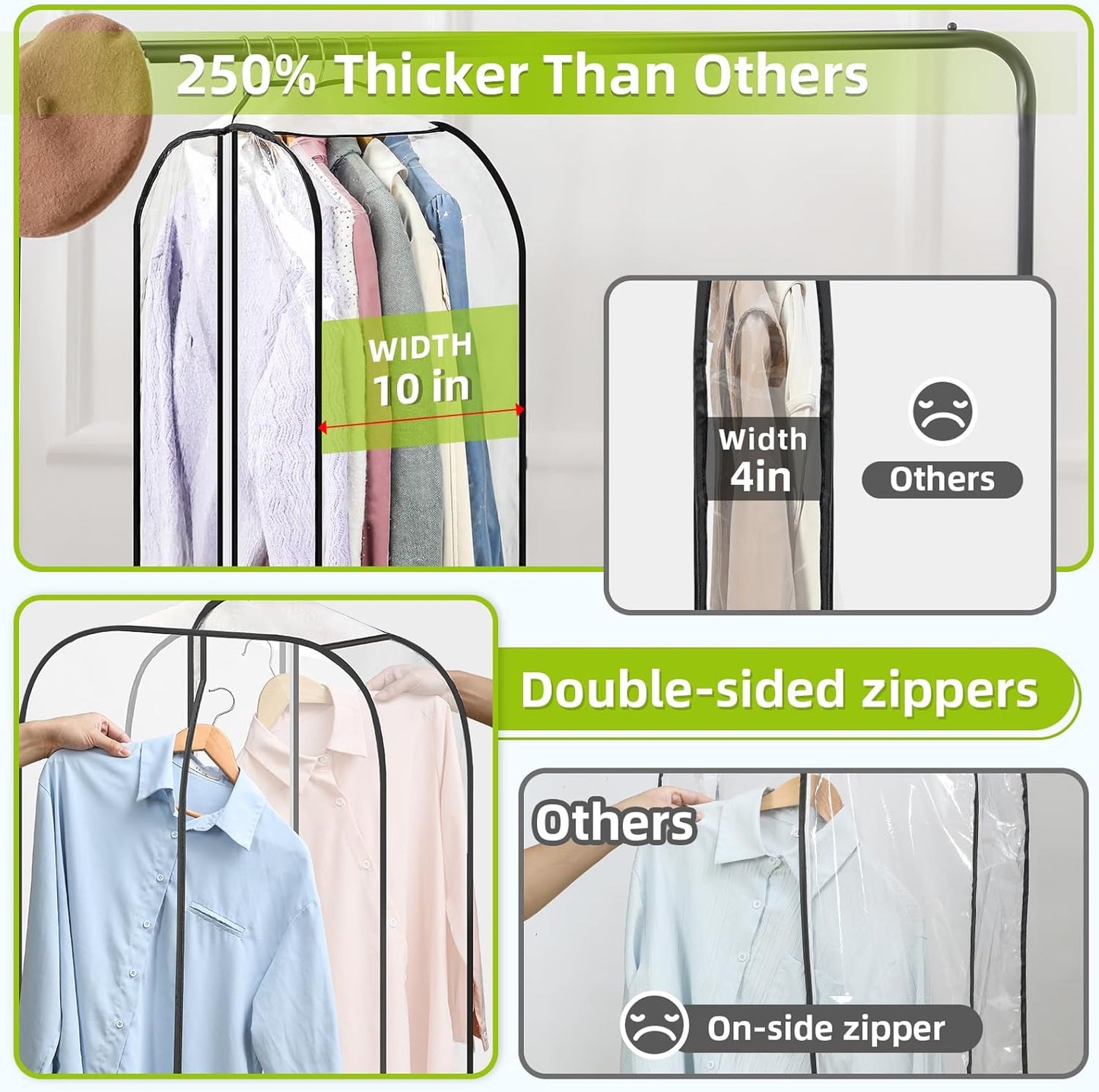 6 Pack Clear Garment Bags for Hanging Clothes with Zippers on Double Sides - 10'' Storage Coat, Dress, and Fur in Closet 40'' Long Suit 40 inch