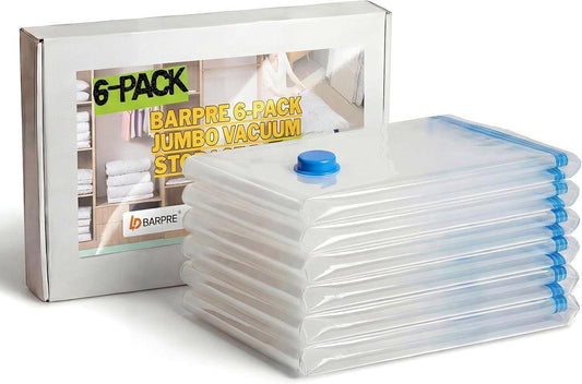 Jumbo vacuum storage bags, clear pouches with blue valve caps, 6-pack in box
