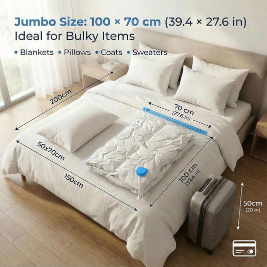 Vacuum storage bag for bedding, clear pouch with blue one-way valve, sealed around pillows