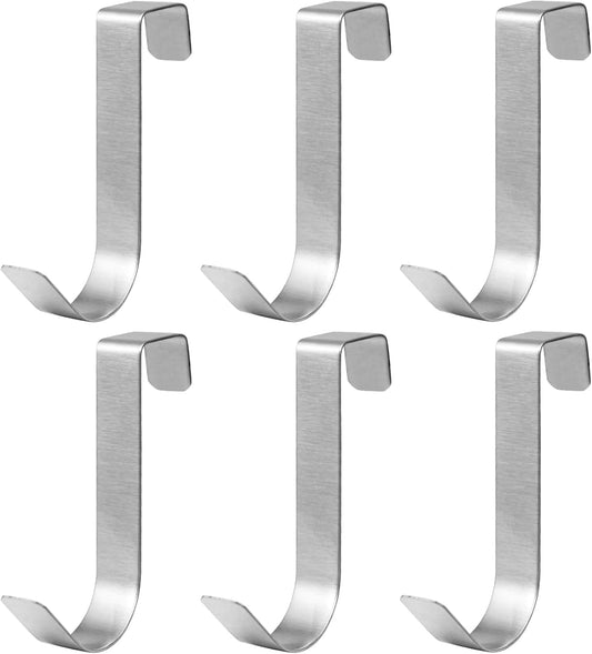 Six silver over-the-door towel hooks, U-shaped hangers with curved tips