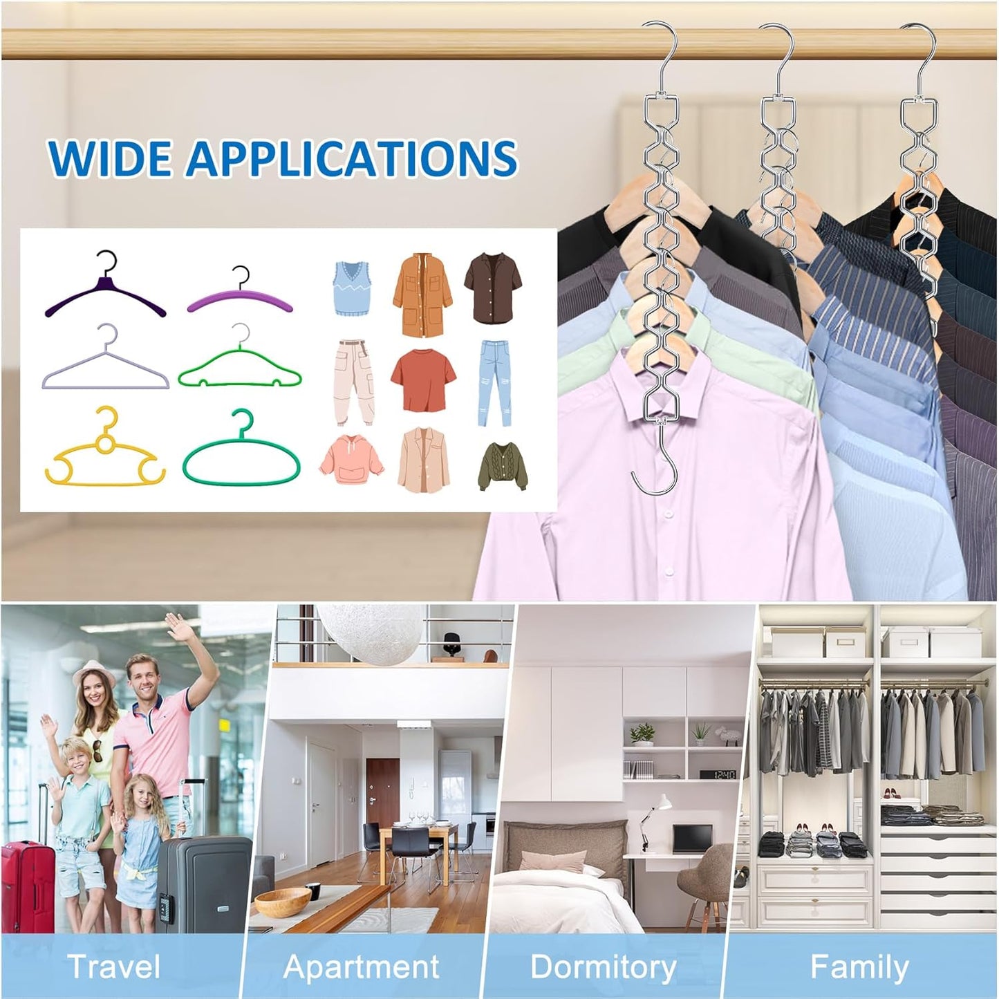 6 Pack Space Saving Hangers for Clothes, Heavy Duty 30Lbs Capacity Clothes Metal Hanger Organizer, 15 Pcs Travel Hangers Portable Foldable Travel Hanger Organizer
