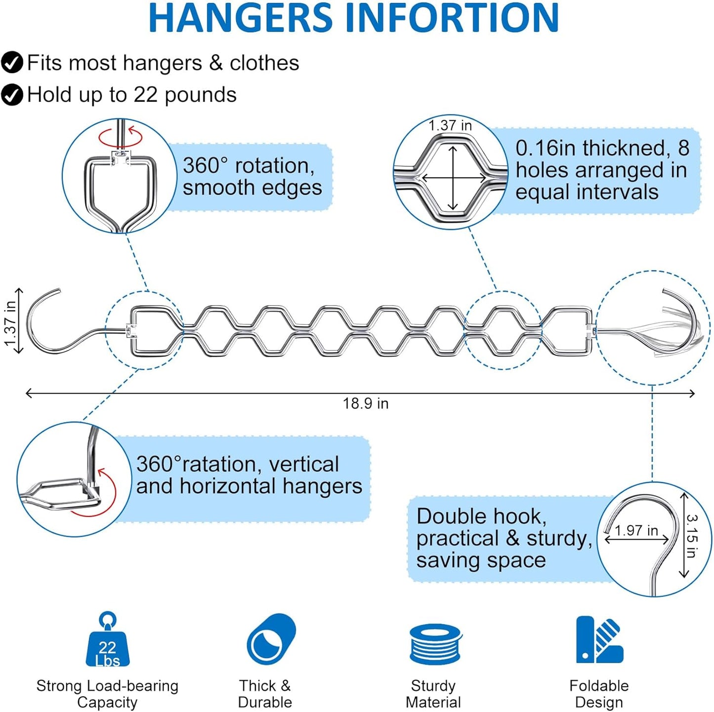 6 Pack Space Saving Hangers for Clothes, Heavy Duty 30Lbs Capacity Clothes Metal Hanger Organizer, 15 Pcs Travel Hangers Portable Foldable Travel Hanger Organizer