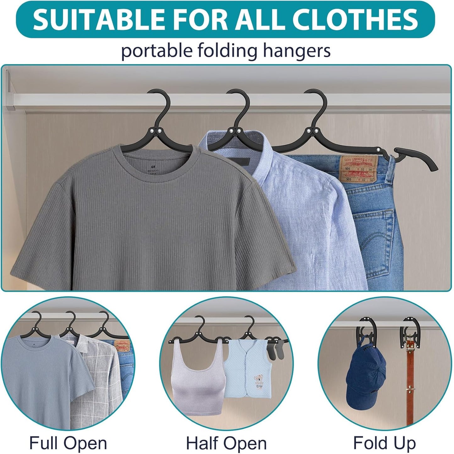6 Pack Space Saving Hangers for Clothes, Heavy Duty 30Lbs Capacity Clothes Metal Hanger Organizer, 15 Pcs Travel Hangers Portable Foldable Travel Hanger Organizer