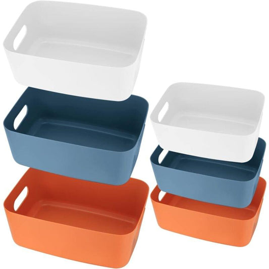 Plastic storage basket with side handles, white and dark blue set of 2
