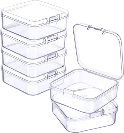 6 Pieces - Small Clear Plastic Storage Box Containers with Hinged Lids - L 5.5 x W 5.5 x H 2cm - Mini Boxes for Pills, Beads, Jewelry & Hobby Items - Stackable Mini Tubs - Transparent