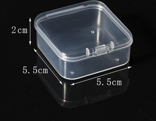 Small clear plastic storage box with hinged lid, stackable mini tub