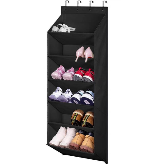 Over-the-door hanging shoe organizer with 6 compartments and top hooks, holds shoes