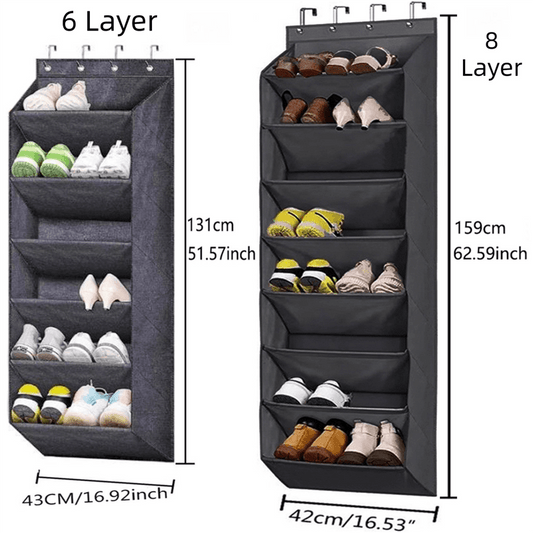 Hanging storage bag with multiple compartments, top hooks, and shoes inside
