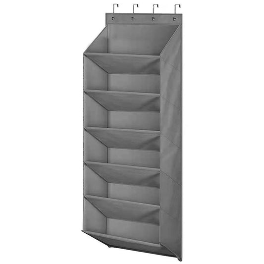 Grey 6-tier over-the-door hanging storage bag with six front compartments and hooks