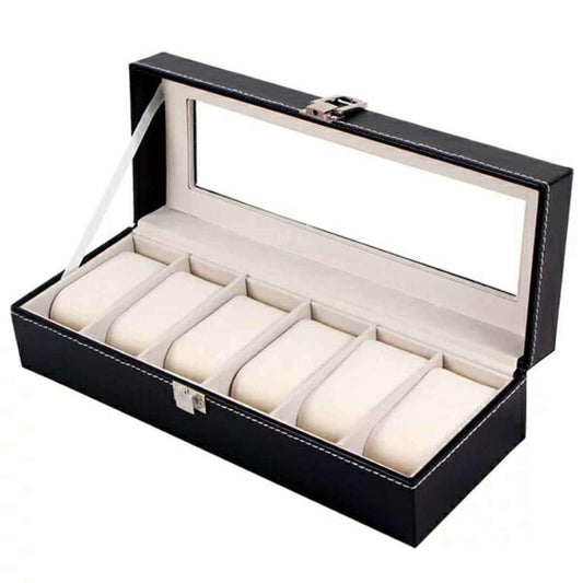 Black watch storage case with divided cream slots and hinged top frame.