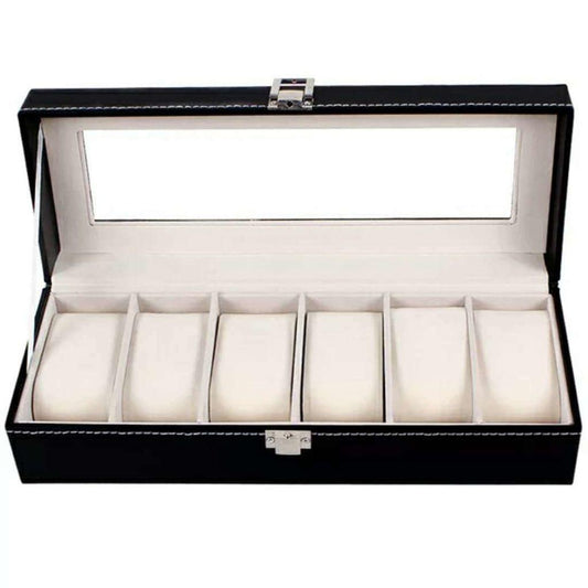 Black 6-watch storage box with open lid and cream watch slots.