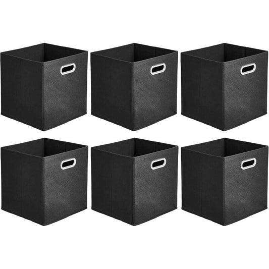 Set of 6 black fabric storage cubes with oval grommet handles