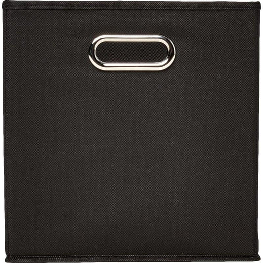 Black fabric storage cube with oval grommet handle, front view