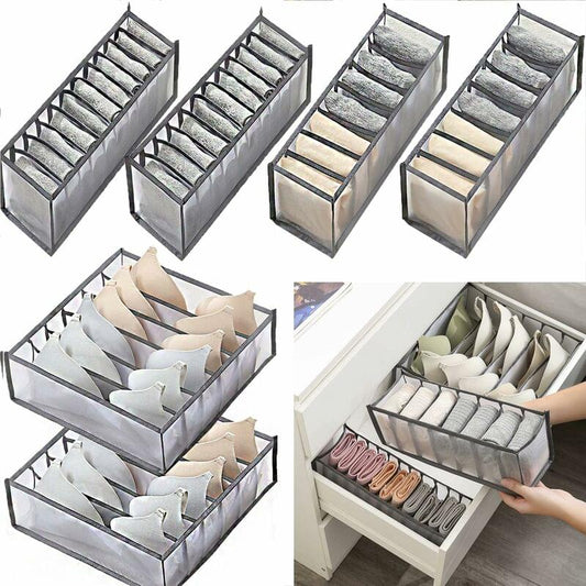 Set of fabric drawer organizers with dividers, foldable gray storage boxes for underwear