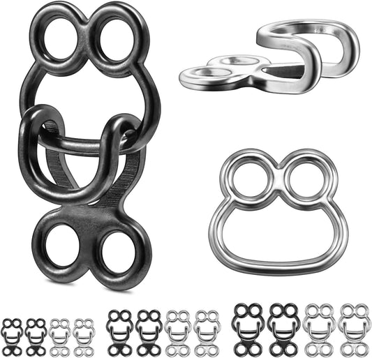 Metal hook and eye closures, double-loop eyes with matching hooks for sewing repairs