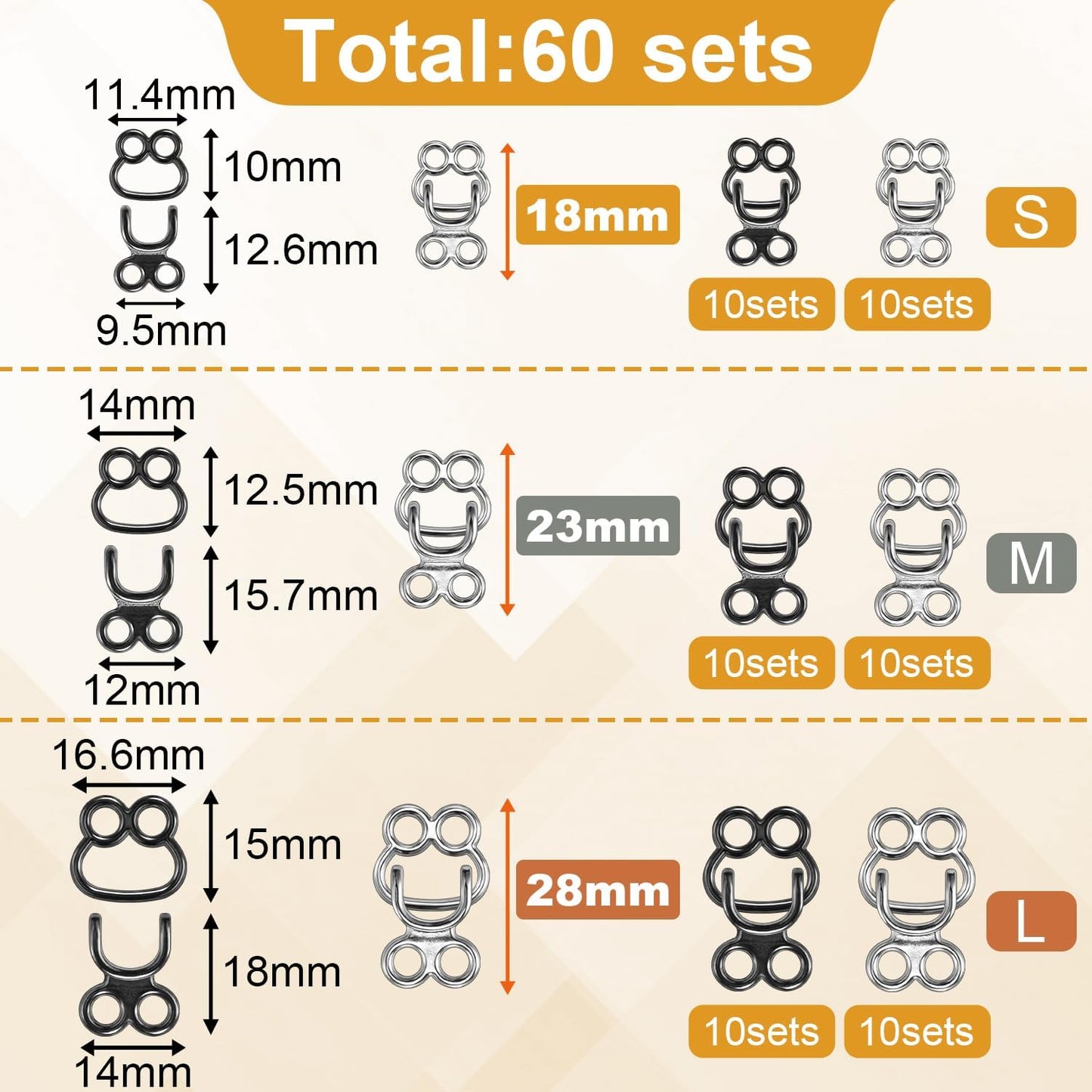 60 Set Hooks and Eyes for Sewing, Clothing Hook Replacement Clasps, Hook and Eye Closures for Fur Coats Jackets Trousers Underwear Sewing DIY Craft