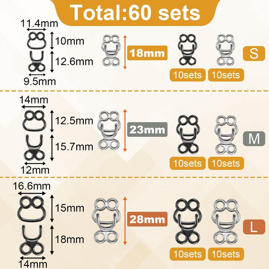 Hook and eye set size chart with total 60 sets and multiple hardware sizes