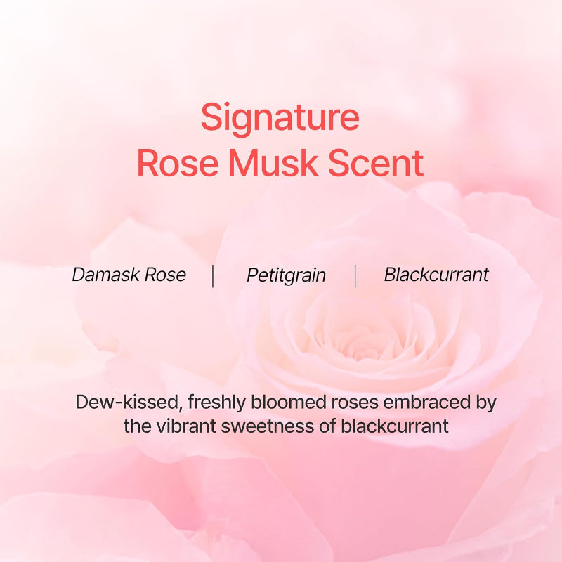 Shampoo signature rose musk scent panel with rose and scent notes