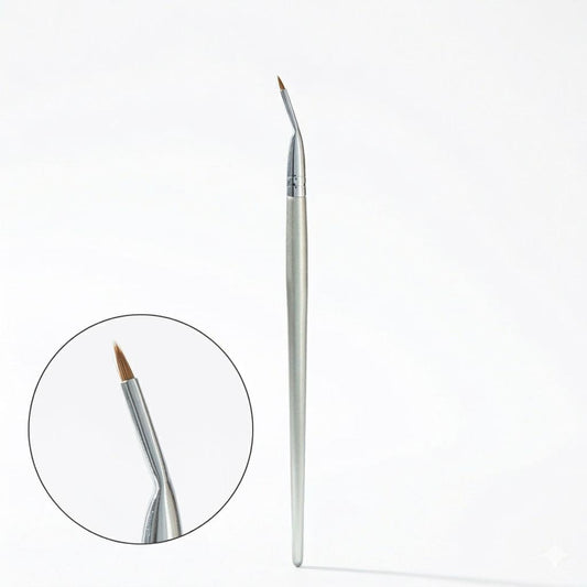 Angled eyeliner brush with fine tip, silver handle, by Aestha Cosmetics
