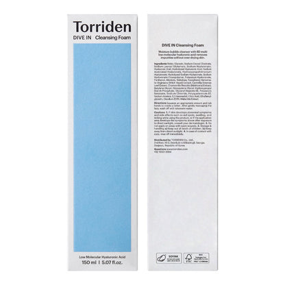 Torriden Dive In cleansing foam boxes, front and back packaging
