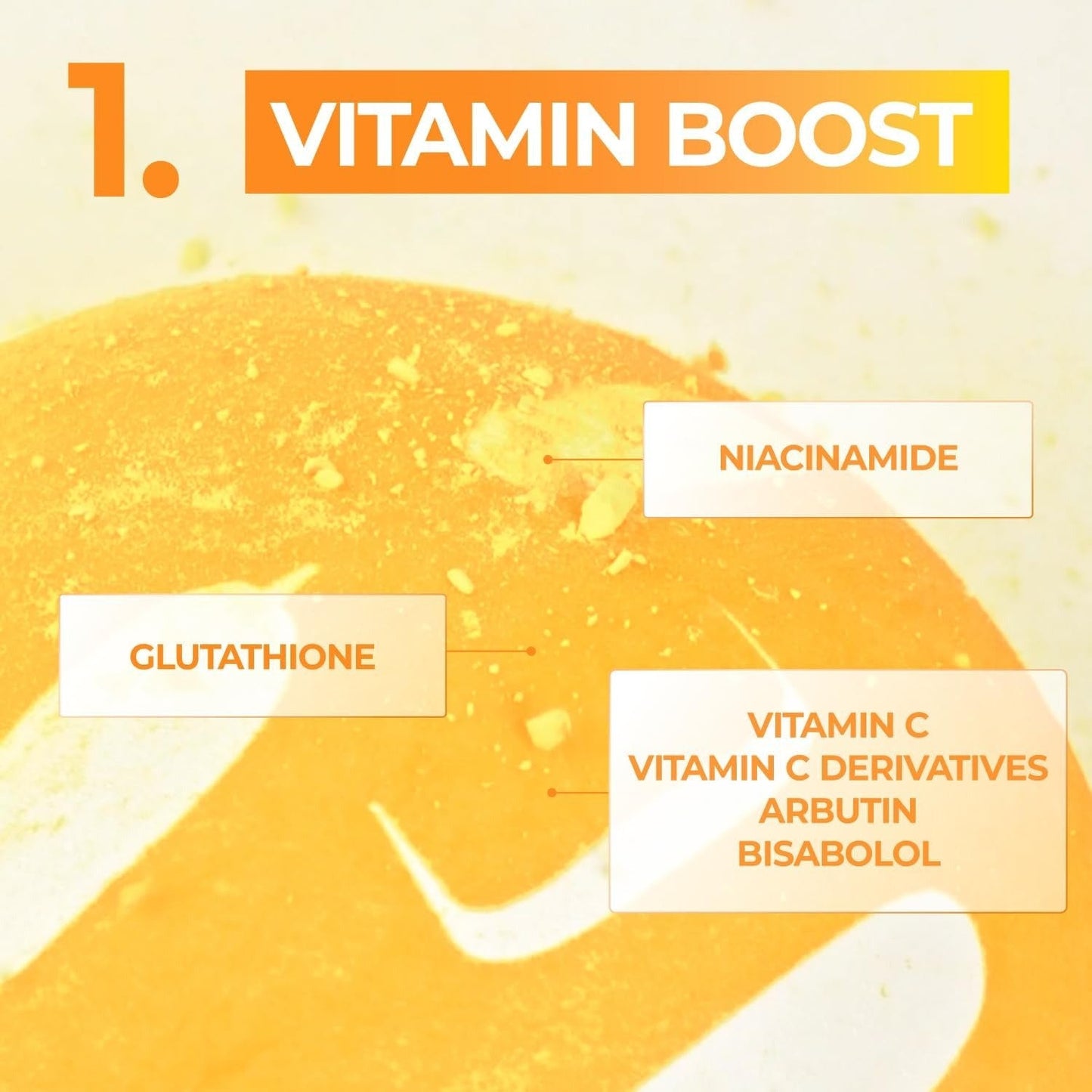 Sheet mask multipack vitamin boost graphic: niacinamide, glutathione, vitamin C, arbutin, bisabolol