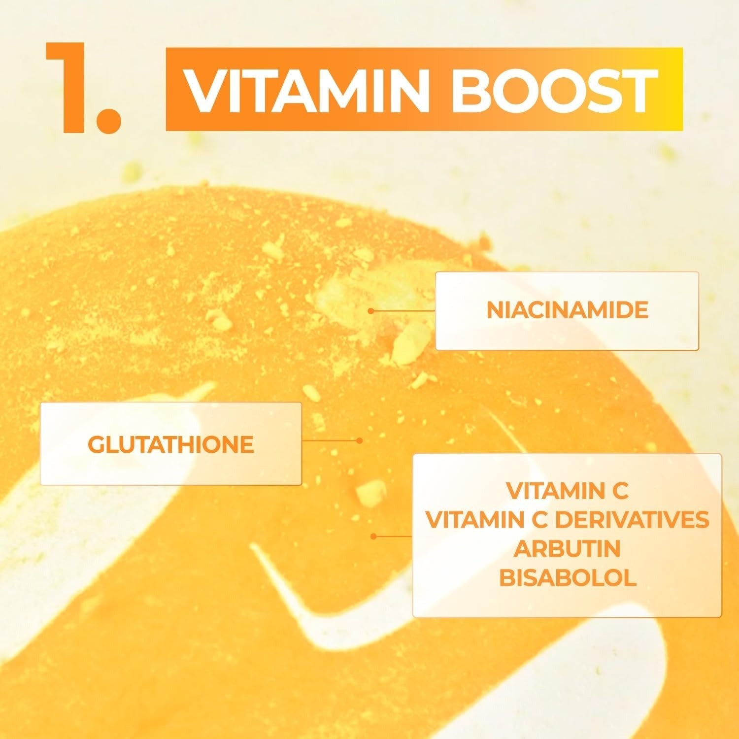Sheet mask multipack vitamin boost graphic: niacinamide, glutathione, vitamin C, arbutin, bisabolol