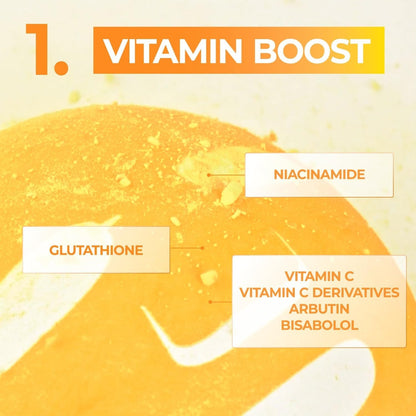 Sheet mask multipack vitamin boost graphic: niacinamide, glutathione, vitamin C, arbutin, bisabolol