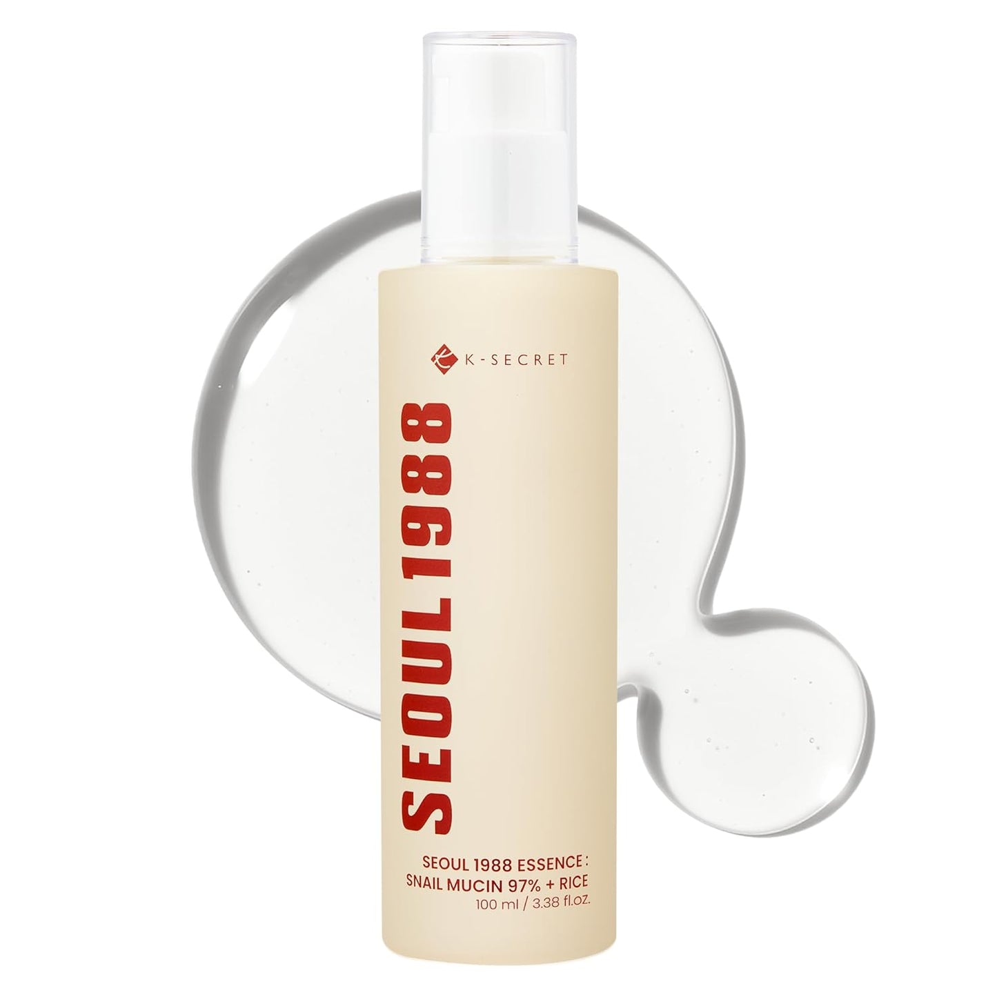 Hydrating facial essence bottle with pump and cream-colored liquid