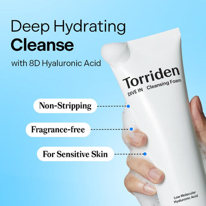 Torriden Dive In cleansing foam tube held in hand, white tube with blue hyaluronic note