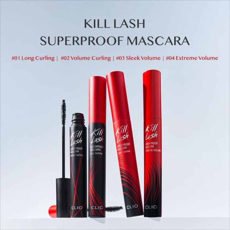 CLIO Kill Lash superproof mascara tubes in red and black with wand brushes