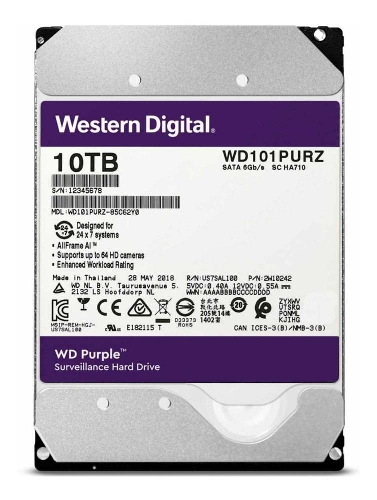 WD Purple 10TB Surveillance Hard Drive | WD101PURP – 3.5” SATA, AI-Optimized, 64-Camera Support, 550TB/Year Workload, 3-Year Warranty