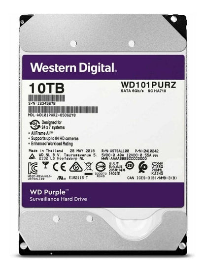 WD Purple 10TB Surveillance Hard Drive | WD101PURP – 3.5” SATA, AI-Optimized, 64-Camera Support, 550TB/Year Workload, 3-Year Warranty
